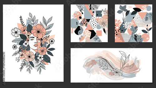 Artistic abstract floral graphic collection Modern botanical illustrations, elegant woman profile, organic shapes, and contemporary patterns in a muted palette