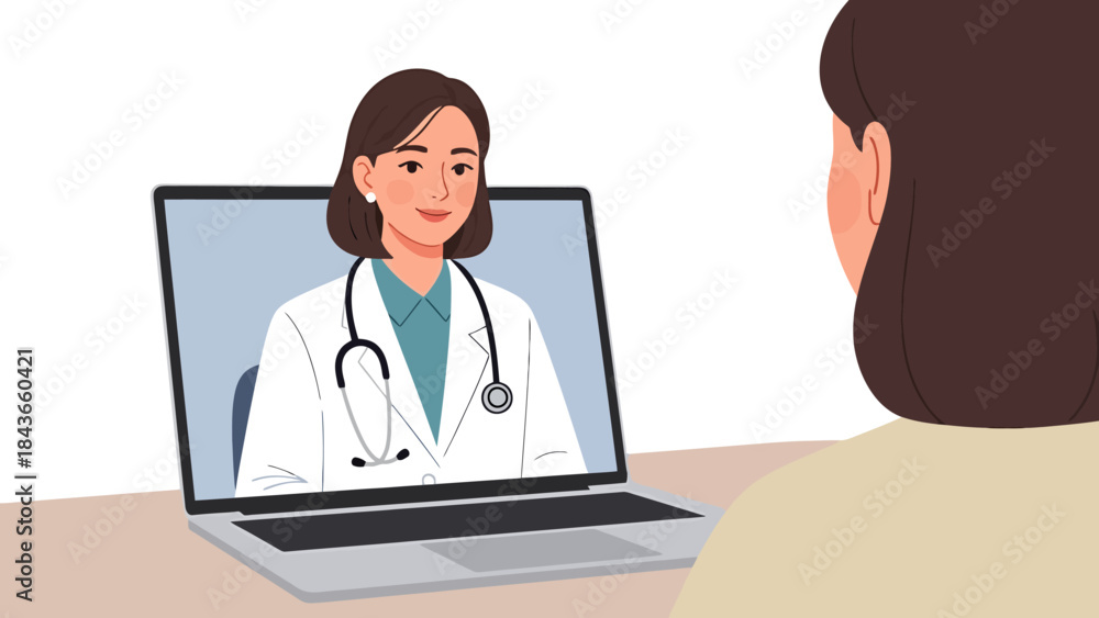 Fototapeta premium Virtual Medical Consultation with Female Doctor on Laptop Screen