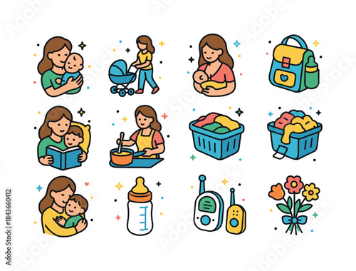 Motherhood Icon Collection. Motherhood. Colorful isometric vecto