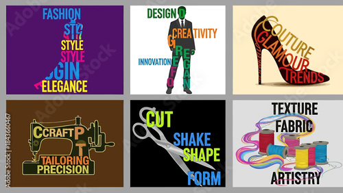 Dynamic collection of vector illustrations showcasing fashion, design, and creative industry concepts through innovative text art and graphic elements. Perfect for advertising and branding