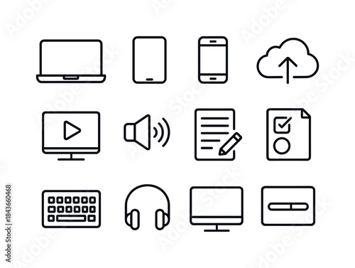 Digital Study Icons. Digital study tools. Line icon set of digit