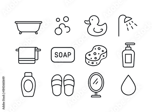Bath Time Icons. Bath Time. Line icon set of Bath Time: bathtub,