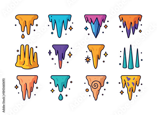 Colorful Stalactite Icons. Stalactites. Colorful isometric vecto