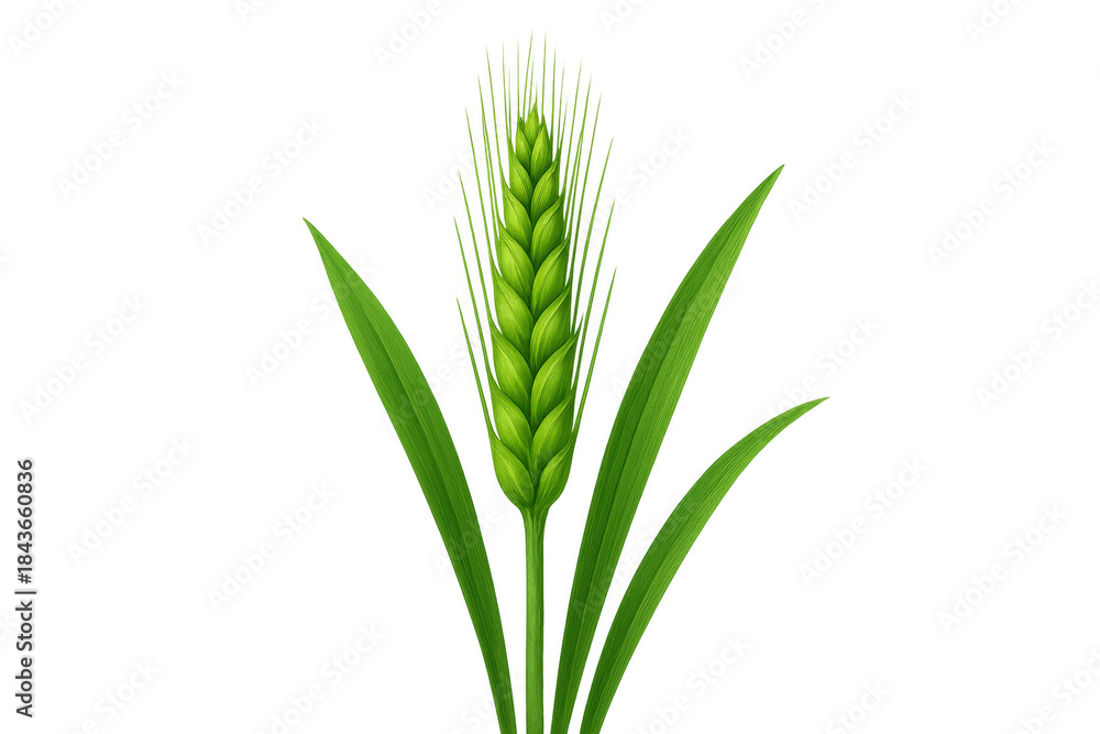 Obraz premium Green wheat plant growing, displaying young cereal grain ear with leaves, agriculture and harvest concept