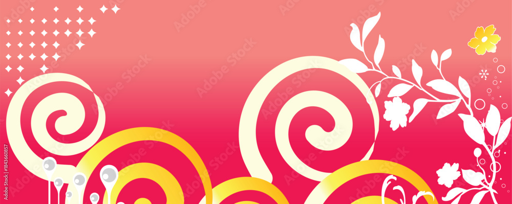 Fototapeta premium Bright pink background with yellow and white spiral shapes and delicate white floral elements, perfect for a whimsical and cheerful design