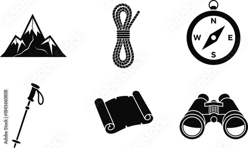 Set of vital black and white vector icons for outdoor adventure and exploration, depicting essentials like mountains, climbing rope, navigation compass, and binoculars