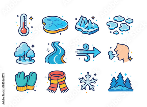 Sub-Zero Icon Set. Sub-zero scenes. Colorful isometric vector ic