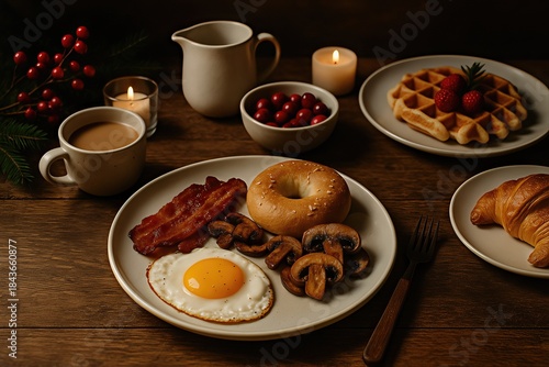 Morning breakfast composition featuring a golden fried egg, crispy bacon, fresh bagel, sautéed mushrooms, sweet waffles, and coffee on a rustic wooden table creating a cozy atmosphere