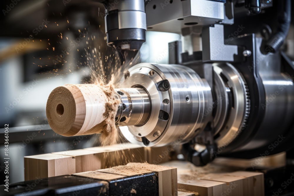 Fototapeta premium Modern woodworking cnc machine shaping cylindrical wooden piece, generating flying sawdust and demonstrating advanced manufacturing process