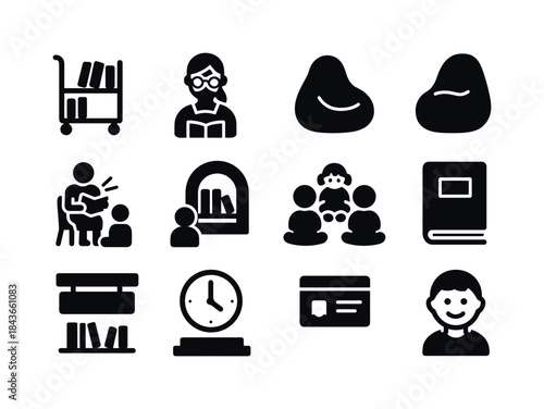Library Icon Set. Library story hour. Solid icon set of Library