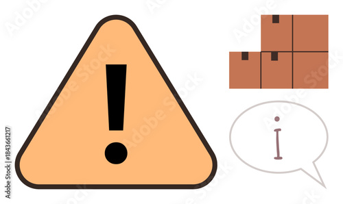 Warning sign highlighting caution, stacked boxes denoting logistics, and info bubble conveying guidance. Ideal for safety, logistics, communication, awareness, caution, supply chain simple flat