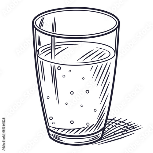 A hand drawn sketch of a tall glass filled with a bubbly liquid casting a striped shadow on a white background perfect for refreshing beverage concepts