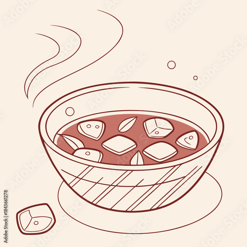 A comforting bowl of steaming hot stew with chunks of meat and vegetables illustrated in a simple line art style with a warm color palette perfect for culinary themes