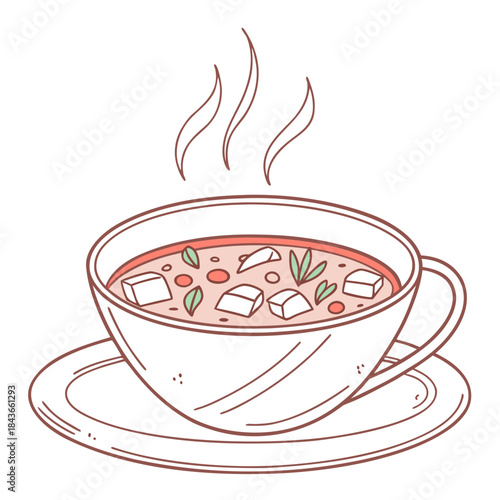 A comforting bowl of steaming hot soup with visible chunks of vegetables and herbs served on a saucer perfect for a chilly day