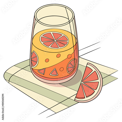A refreshing glass of citrus juice possibly grapefruit filled with slices and circles of fruit sits on a checkered napkin next to a single fruit slice