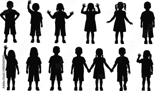 Black Silhouette Children Set: Happy Young Kids Boys and Girls Group Standing, Running, and Waving Hands, Isolated on White Background for Education and Design Vector