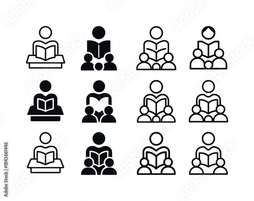 Reading Aloud Logos. Reading aloud to students. Icon set. Set Lo