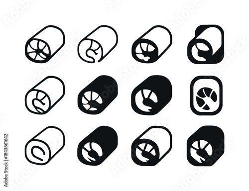 Seafood Roll Icons. Seafood spring rolls. Icon set. Set Logo of