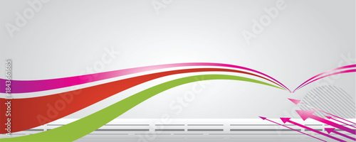 Dynamic abstract background with colorful flowing waves in red magenta and green vibrant arrows moving upwards and subtle geometric patterns modern digital design