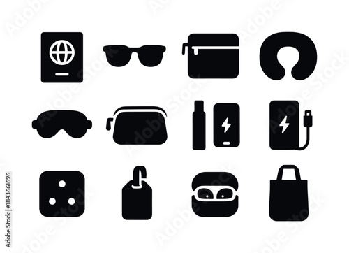 Travel Accessories Icons. Travel accessories. Solid icon set of