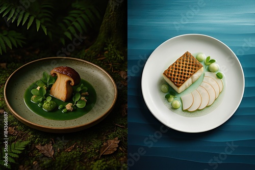 Gourmet presentation of a culinary masterpiece featuring a wild mushroom and green herb sauce alongside a modern plate of grilled fish paired with fresh fruit elements showcasing sustainable