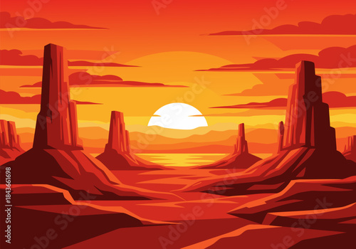 A vibrant desert landscape at sunset with towering rock formations and a fiery orange sky.