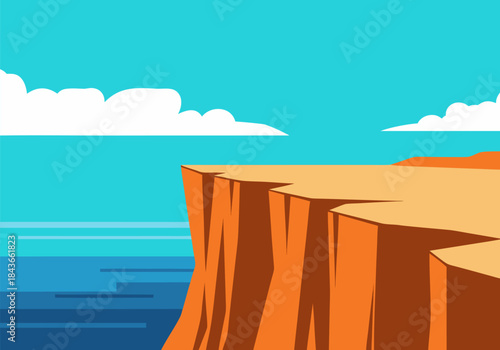 A cartoon illustration of a rugged orange cliff overlooking a calm blue ocean under a clear sky with white clouds.