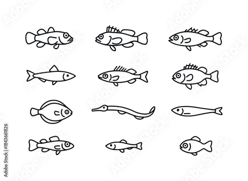 Shallow Water Fish Icons. Shallow water fish. Line icon set of s
