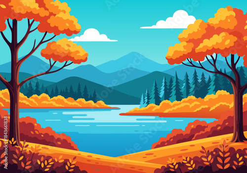 A vibrant illustration of an autumn landscape featuring a calm lake surrounded by colorful trees with orange and yellow leaves, set against a backdrop of blue mountains and a clear sky.