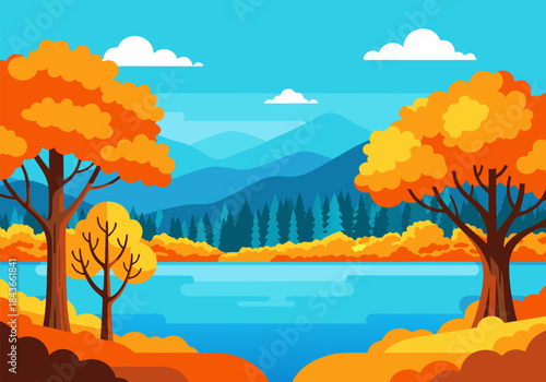 Vibrant autumn landscape with colorful trees framing a serene lake and distant blue mountains under a clear sky.