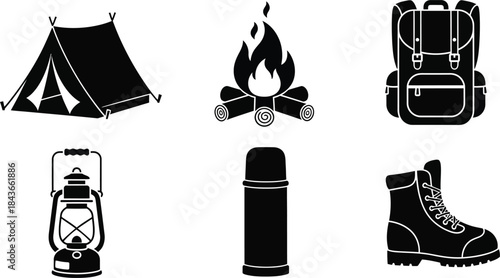 Set of vector illustrations depicting camping essentials including a tent, campfire, backpack, lantern, thermos, and hiking boot