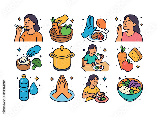 Mindful Nutrition Icons. Mindful nutrition. Colorful isometric v