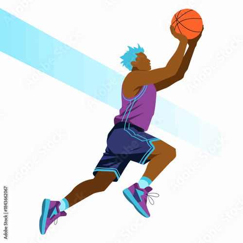 An athletic illustration of a basketball player leaping to make an impressive dunk, capturing the excitement and energy of a competitive game.