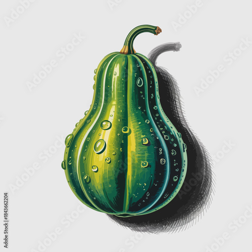 An artistic representation of a water droplets-covered green gourd, emphasizing its natural beauty, texture, and the play of light and shadow for visual impact.