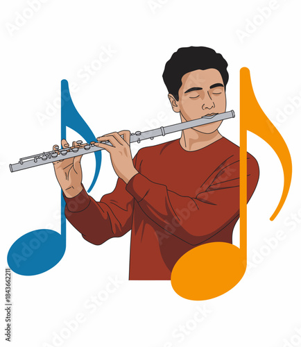 A talented young musician enjoys playing the flute, surrounded by colorful musical notes, showcasing the joy and artistry of music in a vibrant and engaging way.