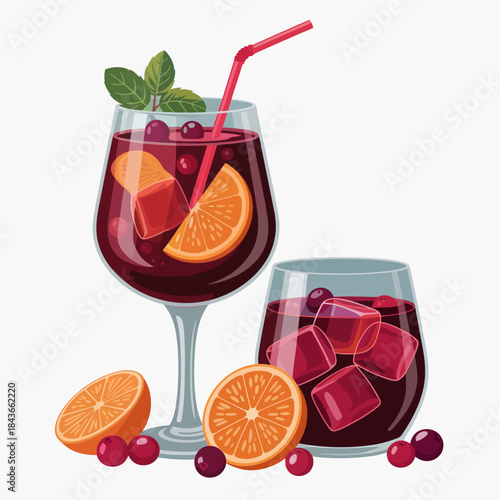A vibrant mixed berry drink in stylish glasses, garnished with citrus slices, capturing the essence of summer refreshment and the fun of colorful beverages.