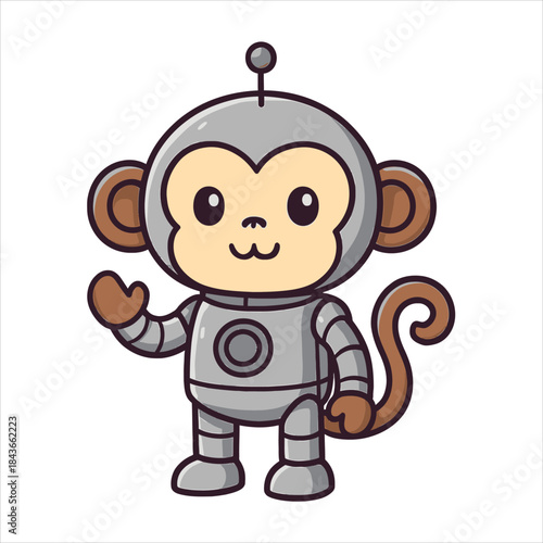 Cartoon Robot Monkey with Antenna and Waving Hand Friendly Expression.