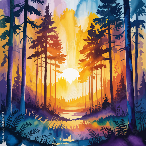 An artistic representation of a sunset illuminating a forest, blending colors beautifully to evoke feelings of tranquility and the serene beauty of nature's landscapes.