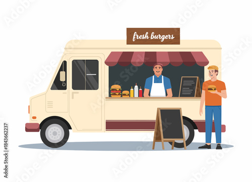 A vibrant food truck scene featuring a cheerful vendor serving fresh burgers to a satisfied customer, highlighting the joy of street food and community dining experiences.