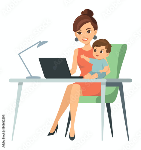 A cheerful scene of a mother multitasking at her desk with a laptop while lovingly engaging with her young child, showcasing the balance of work and family life.