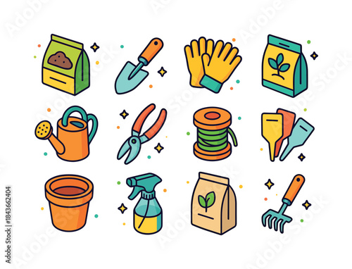 Garden Supplies Icons. garden supplies. Colorful isometric vecto
