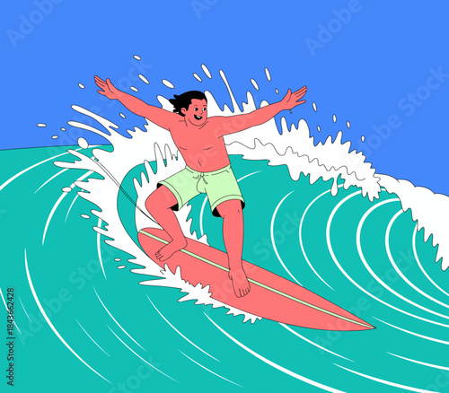 An energetic surfer skillfully riding to the crest of a wave, capturing the thrill and excitement of surfing, while reflecting the joy of ocean sports and summer adventures.