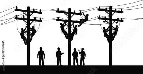 Electricians working high atop power utility poles installing, repairing, and maintaining complex high-voltage infrastructure, showcasing essential teamwork and critical service dedication 