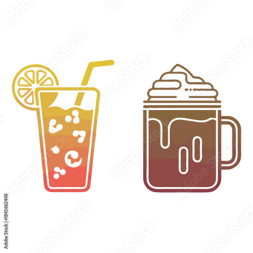 Two refreshing beverages an iced drink with a citrus slice and straw and a hot coffee drink with whipped cream isolated on white background