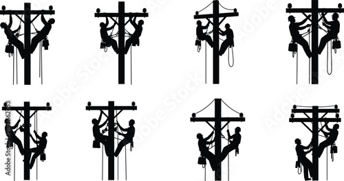 Electrician Worker Silhouette Claws Climbs Utility Pole Repairing Power Line Electrician Maintenance Construction Job Lineworker Professional Safety 