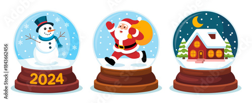 A charming illustration of three festive snow globes featuring a snowman, Santa, and a cozy house, capturing the essence of Christmas spirit and holiday cheer.