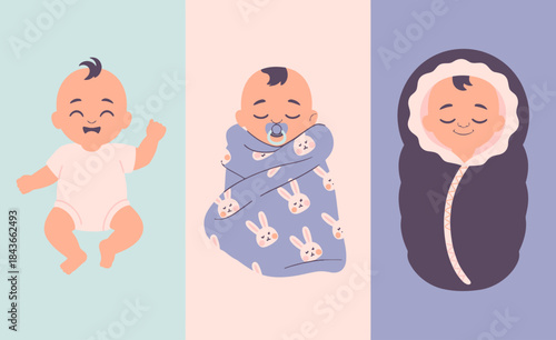 This cheerful illustration portrays three adorable babies, each in their own unique sleeping style, eliciting feelings of joy and tenderness from viewers of all ages.