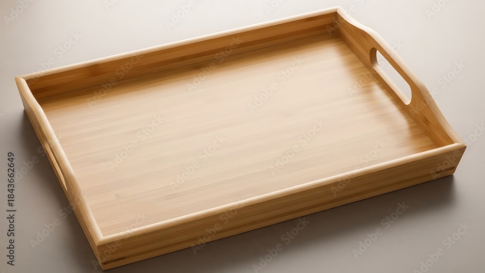 Fototapeta premium Rectangular wooden serving tray with built-in handles, light brown finish