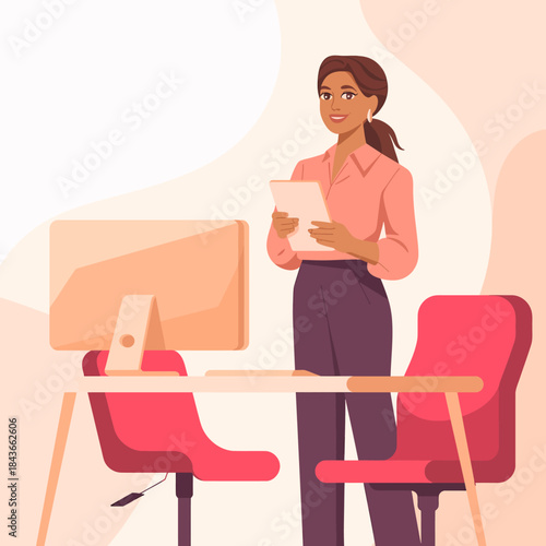 A confident businesswoman stands with a tablet in her hand in a beautifully designed office space, exuding professionalism and readiness to tackle the day’s challenges ahead.