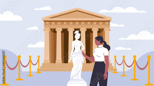 A serene scene depicting a graceful statue beside an elegant temple, capturing the essence of art and culture while showcasing the harmony between history and creativity in architecture.